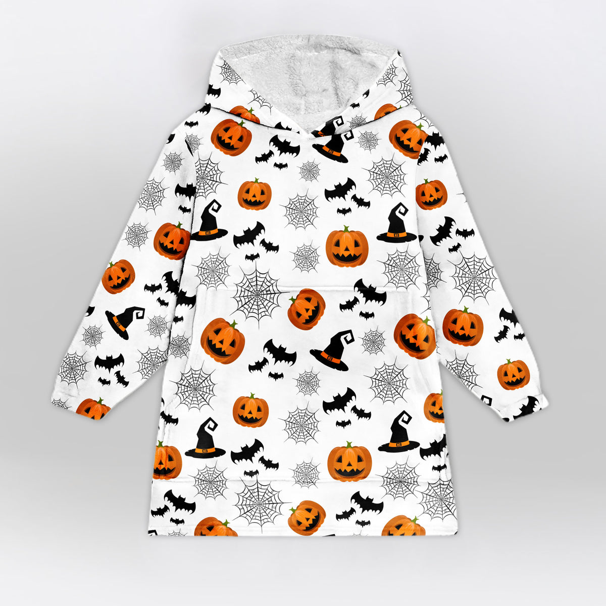 Spider Webs Witch's Hat Black Bats and Decorated Pumpkins Blanket Hoodie