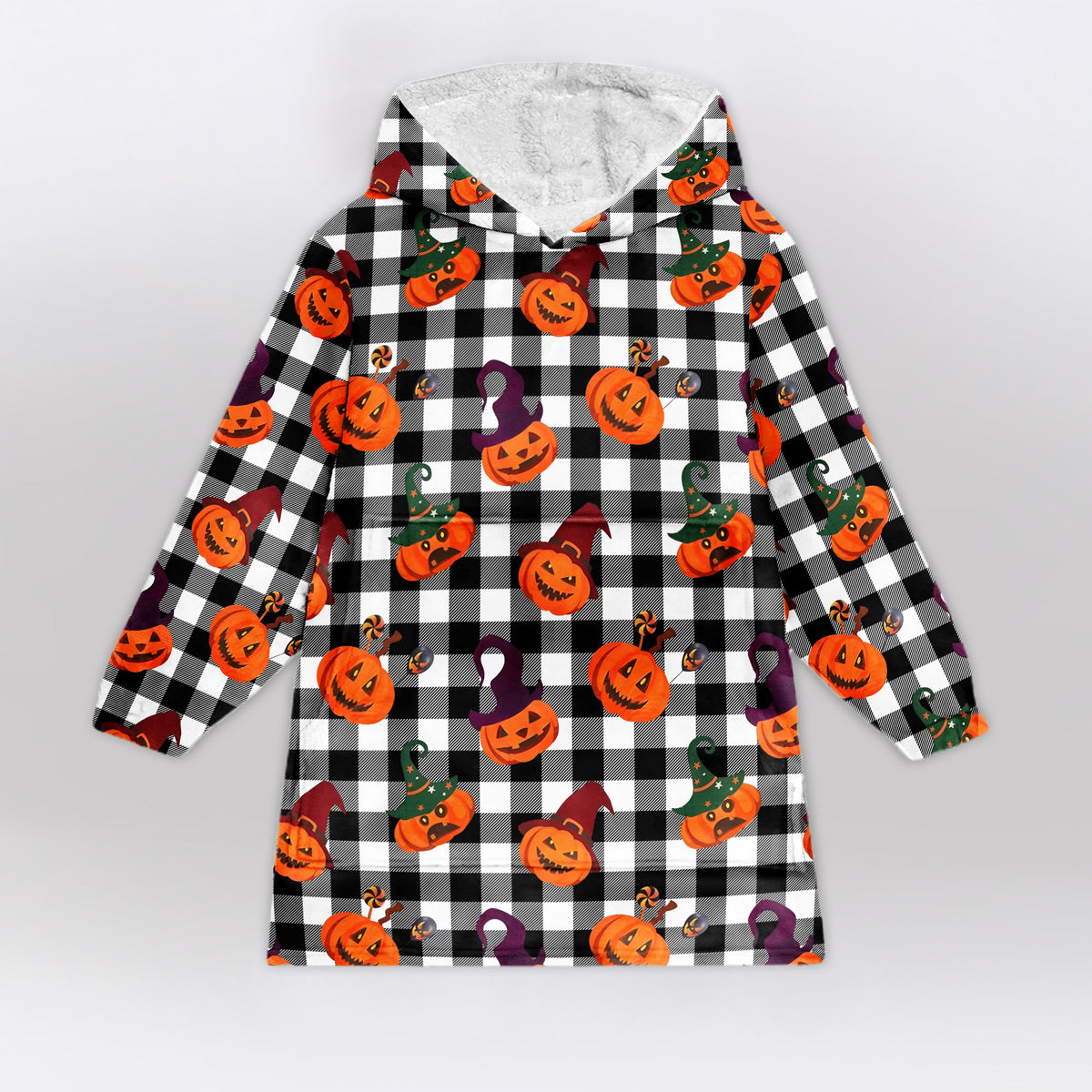 Halloween Pumpkin Buffalo Plaid Blanket Hoodie