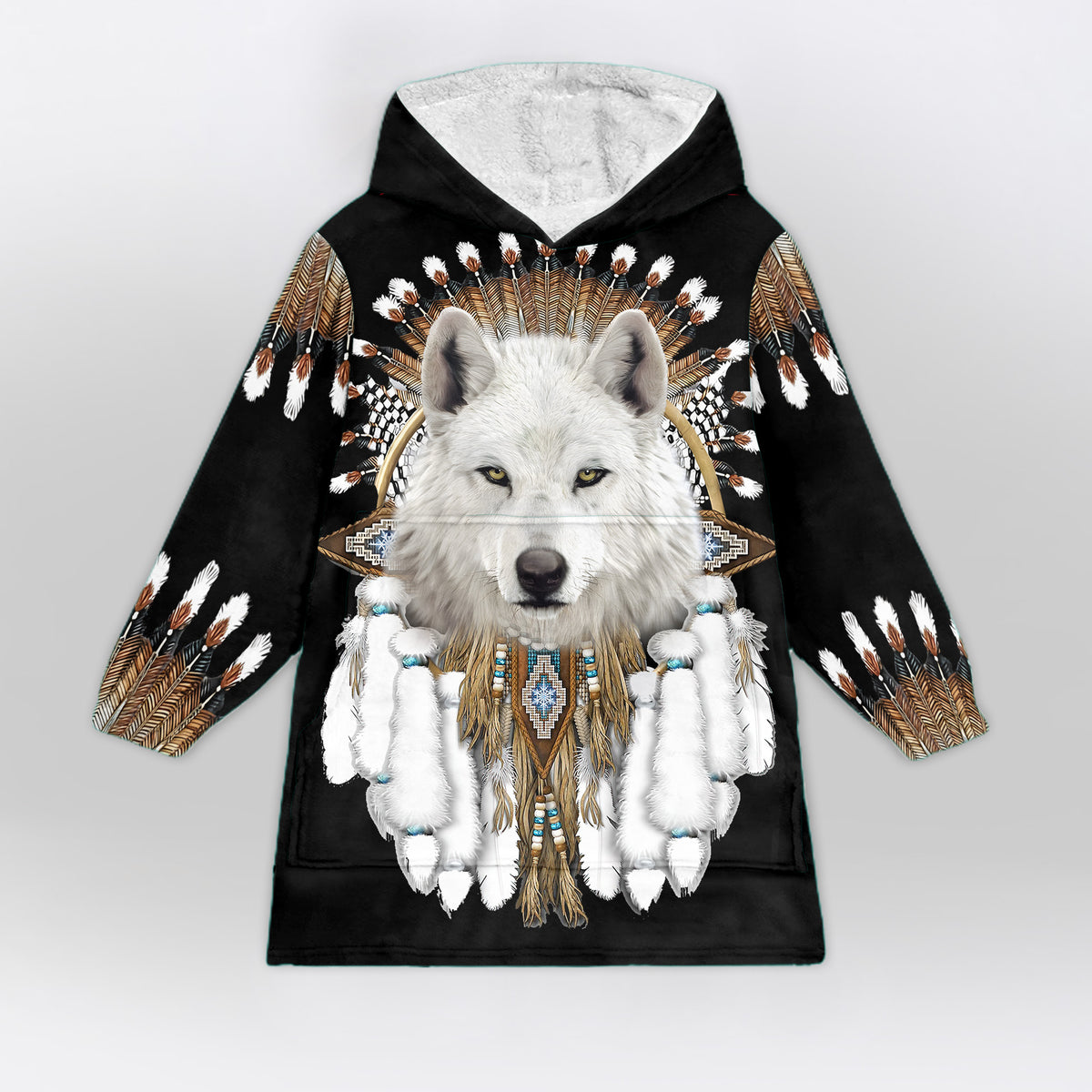 Native White Wolf Blanket Hoodie