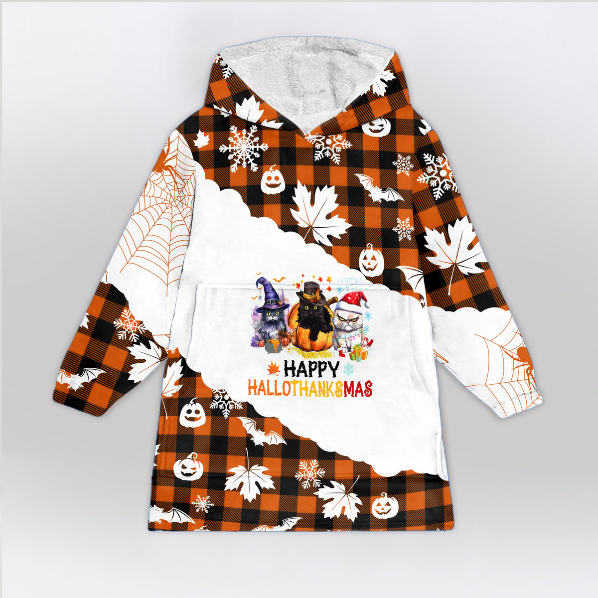 Cat Happy Hallothanksmas Blanket Hoodie